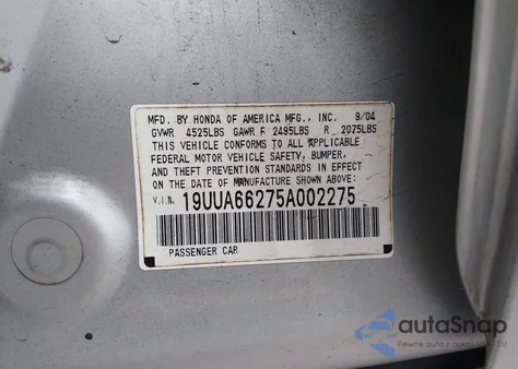 2005 Acura Tl from USA, damaged, VIN 19UUA66275A002275